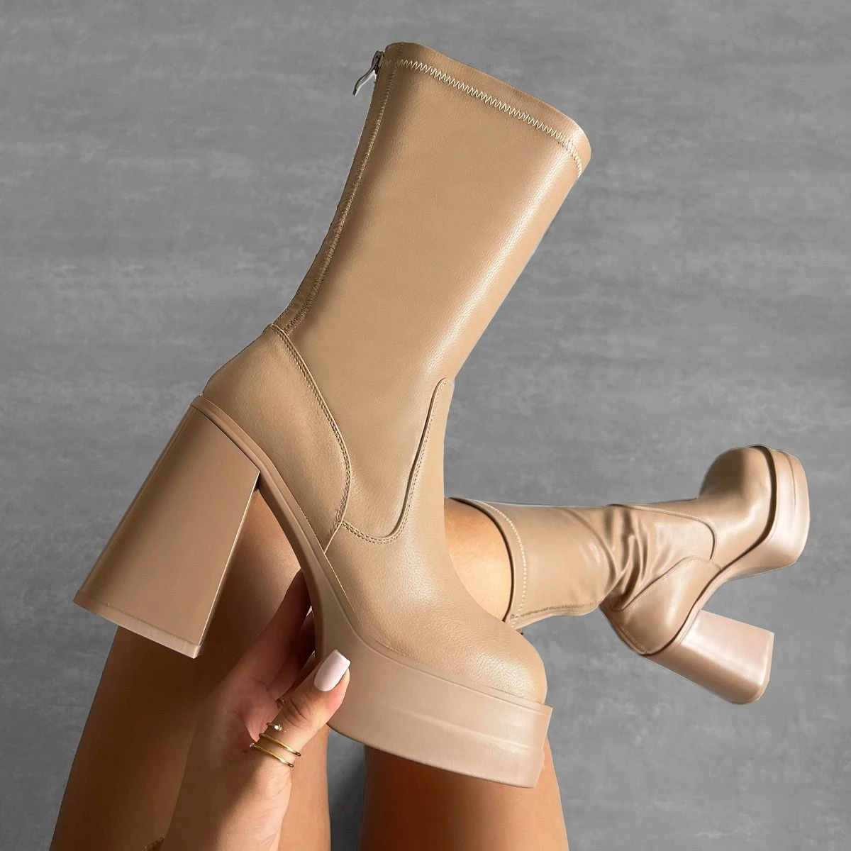 Ahariah Nude Platform Block Heel Ankle Boots