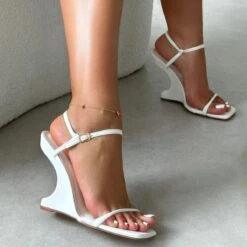 Aja White Square Toe Strappy Patent Wedges