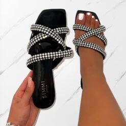 Akari Black Diamante Crossover Straps Flat Sandals