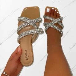 Akari Nude Diamante Crossover Straps Flat Sandals
