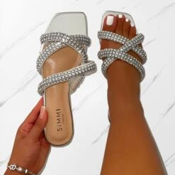 Akari Silver Diamante Crossover Straps Flat Sandals