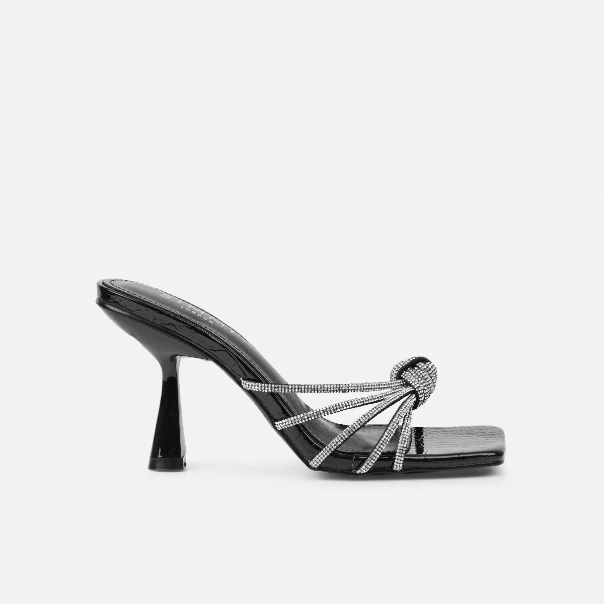 Estelleah Black Faux Snake Print Diamante Mid Heel Mules - Image 2