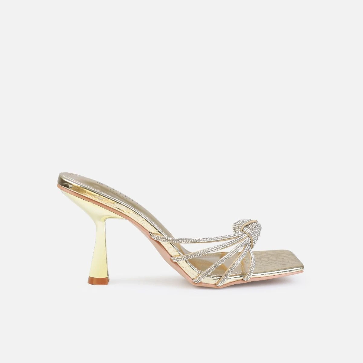 Estelleah Gold Faux Snake Print Diamante Mid Heel Mules - Image 2