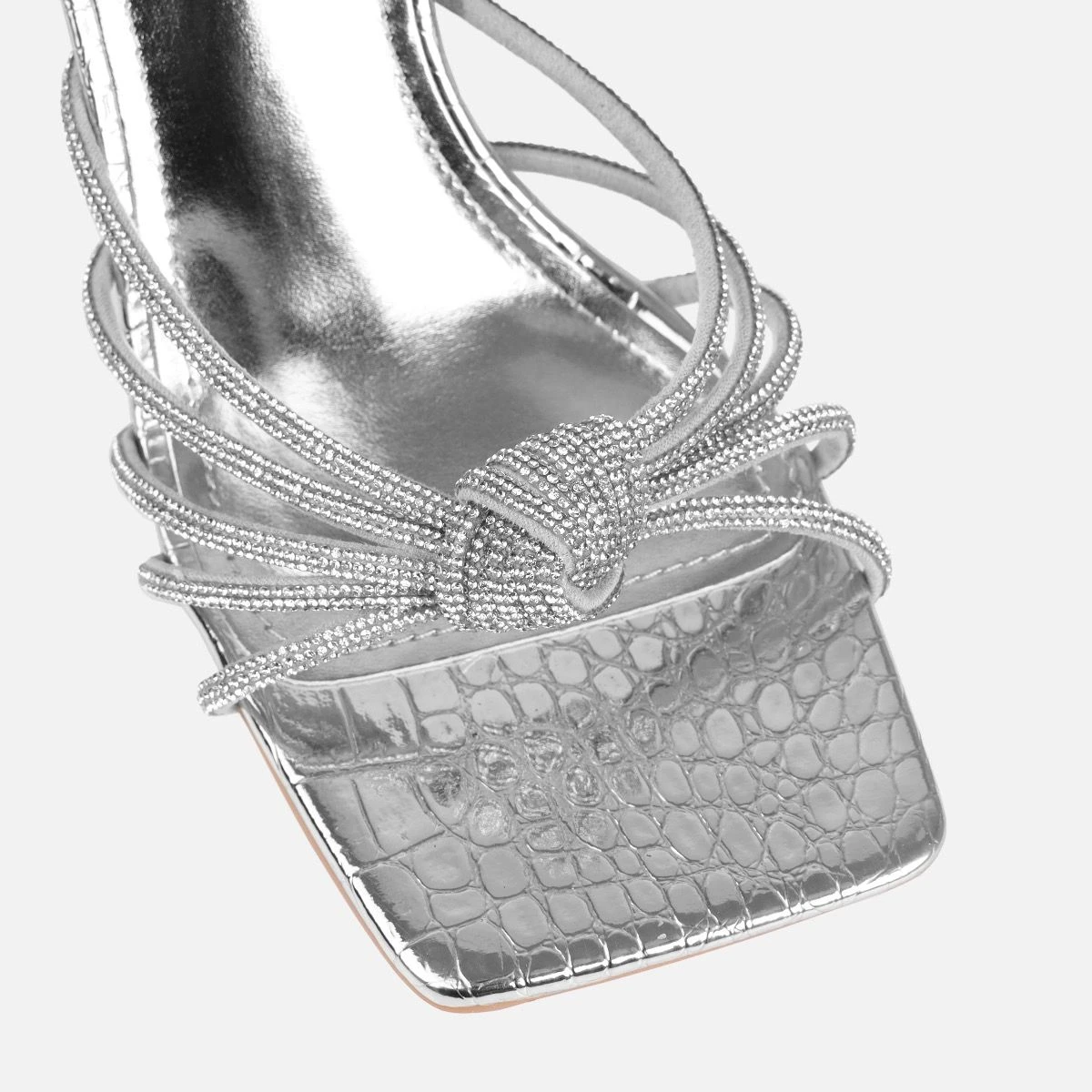 Estelleah Silver Faux Snake Print Diamante Mid Heel Mules - Image 4