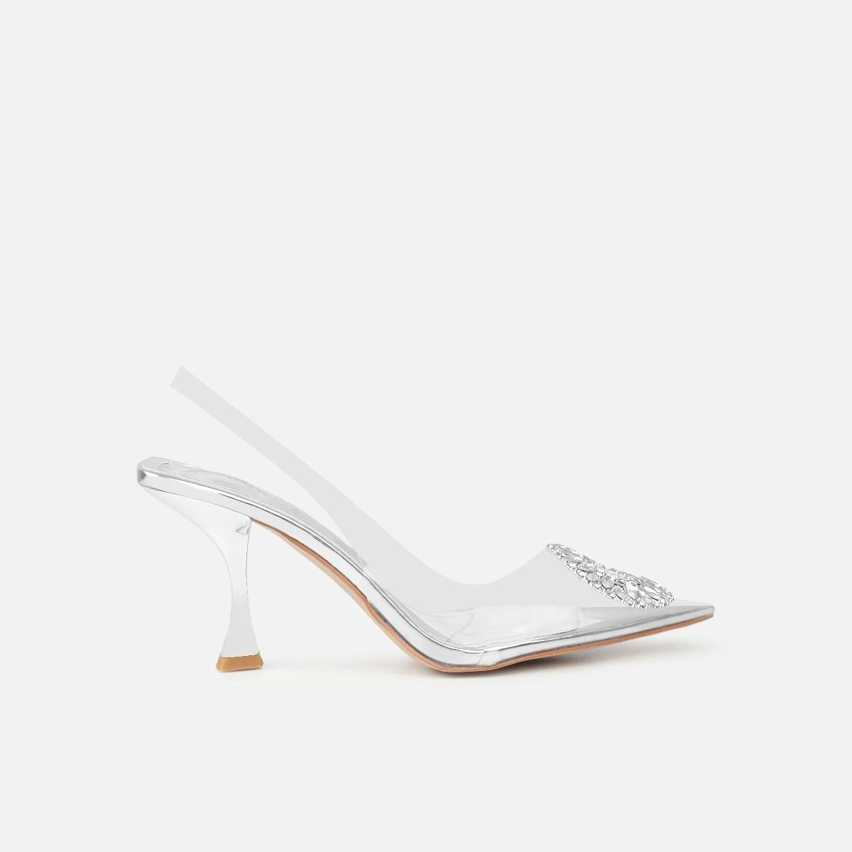Alanis Silver Clear Diamante Slingback Mid Heel Courts - Image 2