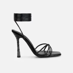 Alenah Black Faux Snake Print Lace Up Diamante Heels