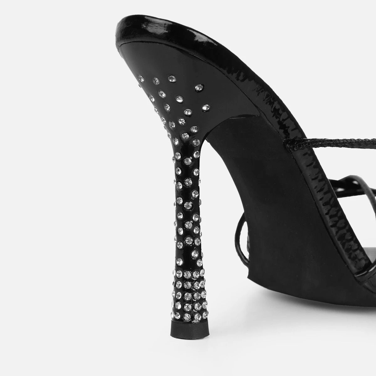 Alenah Black Faux Snake Print Lace Up Diamante Heels - Image 2