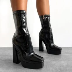 Kerera Black Crinkle Patent Platform Block Ankle Boots