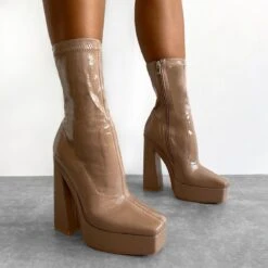 Kerera Nude Crinkle Patent Platform Block Ankle Boots