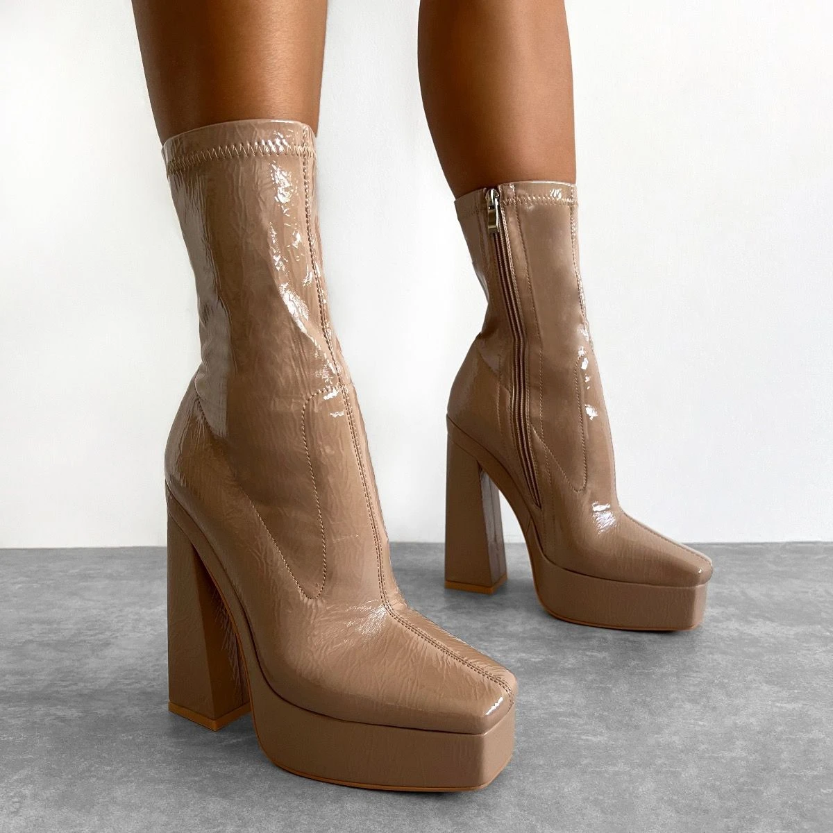 Kerera Nude Crinkle Patent Platform Block Ankle Boots
