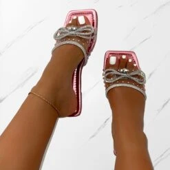 Senga Pink Diamante Bow Flat Sandals