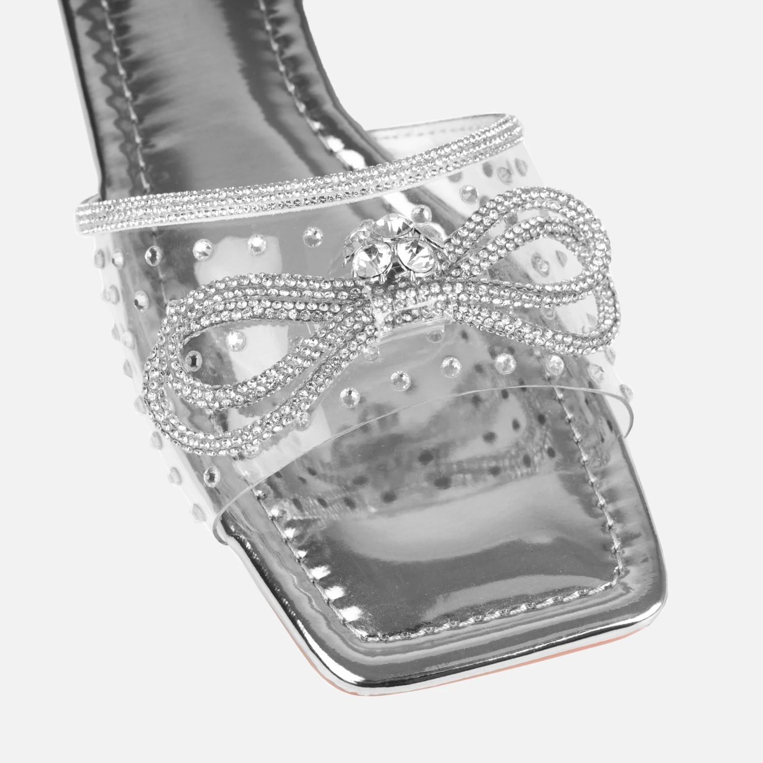 Senga Wide Fit Silver Diamante Bow Flat Sandals - Image 2