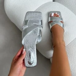 Cherie Silver Faux Croc Print Flat Sandals