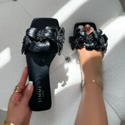 Miray Black Flower Flat Slides