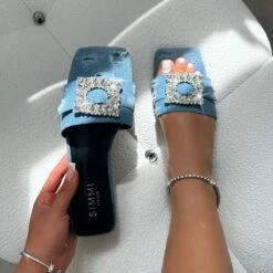 Cyra Blue Denim Diamante Flat Sandals