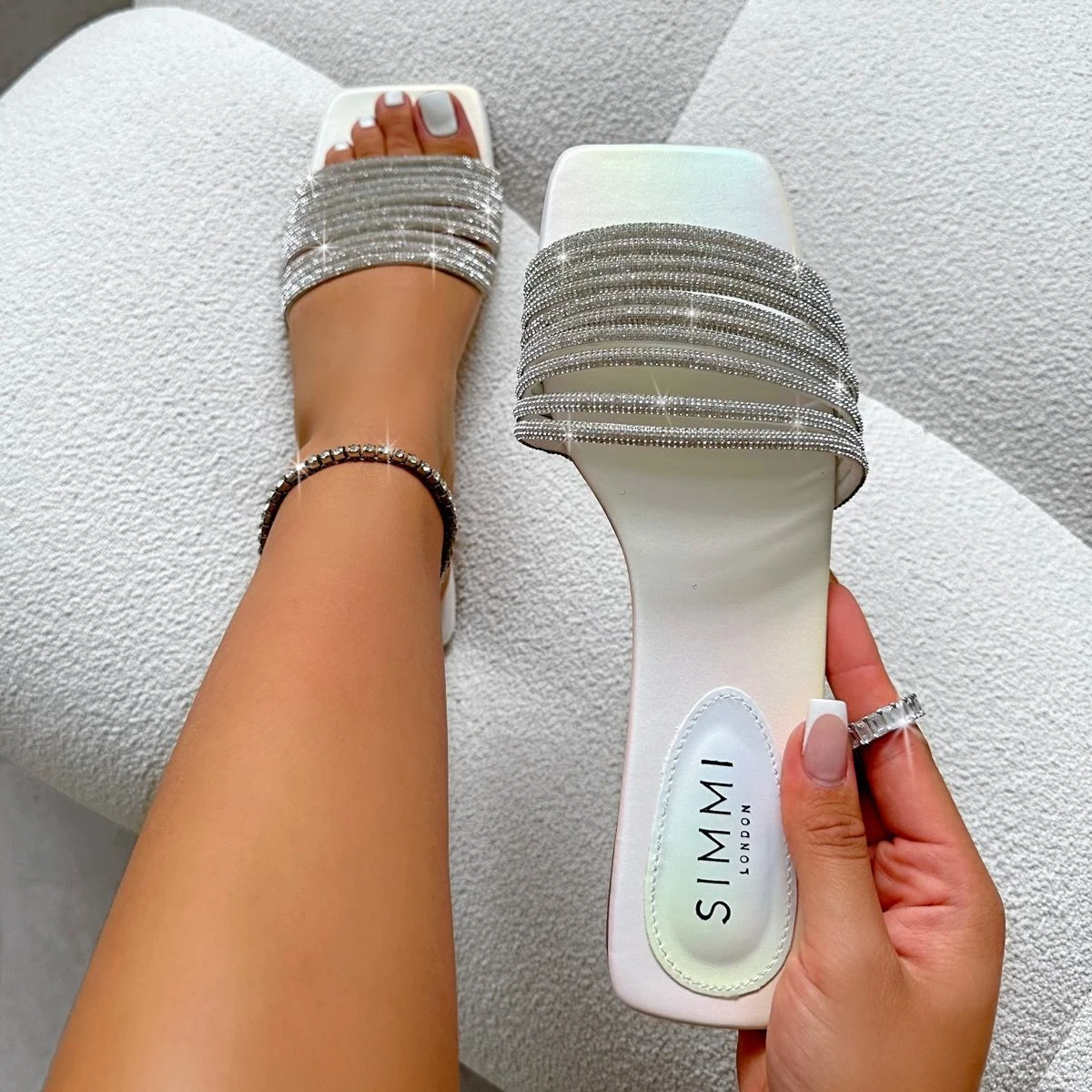 Bethan White Pearled Diamante Flat Sandals