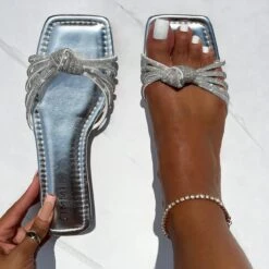 Marquelle Silver Diamante Knot Flat Sandals