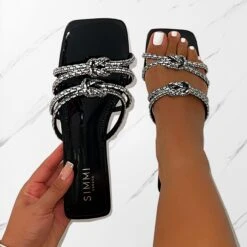 Aliano Black Patent Diamante Flat Sandals