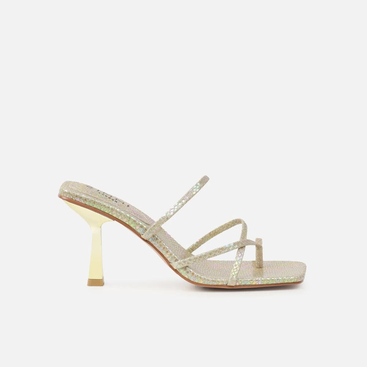 Apollo Gold Shimmer Faux Snake Strappy Mid Heel Mules - Image 2