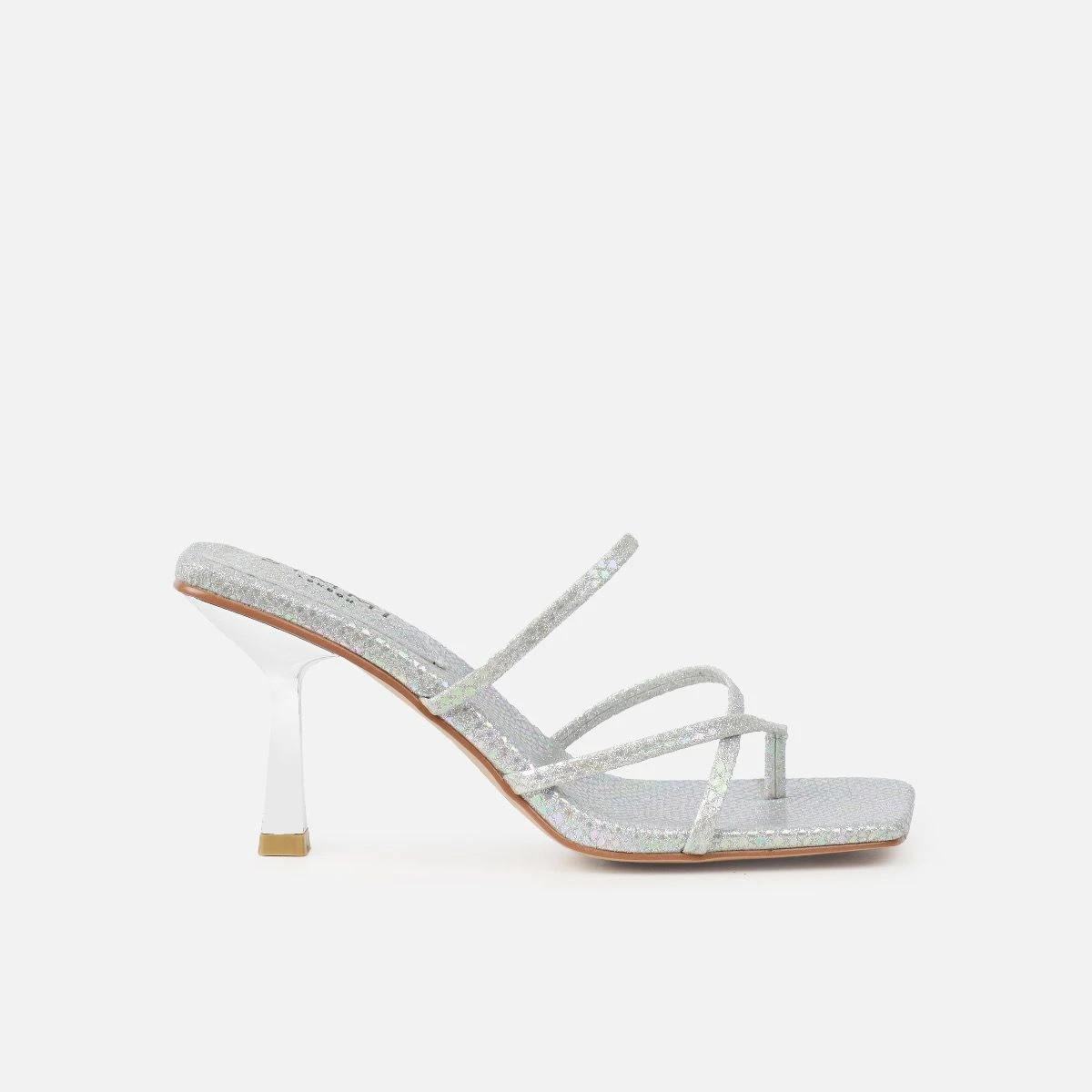 Apollo Silver Shimmer Faux Snake Strappy Mid Heel Mules - Image 2
