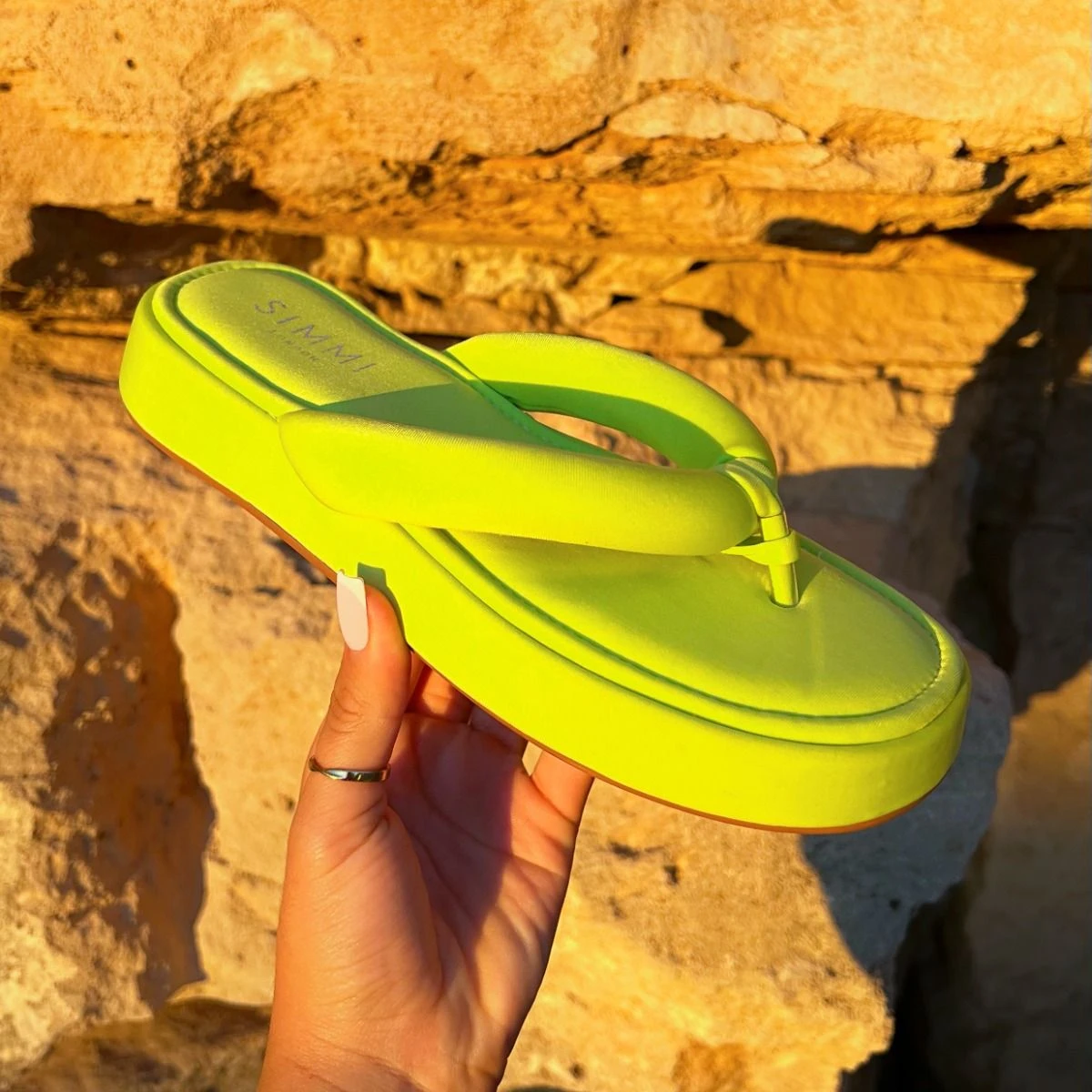 Tasha Ghouri Rowena Lime Green Lycra Toe Thong Flatform Sandals