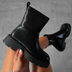 Austin Black Lizard Flat Chunky Ankle Boots