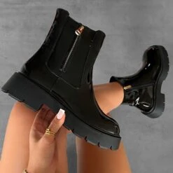 Clive Black Patent Chunky Ankle Boots