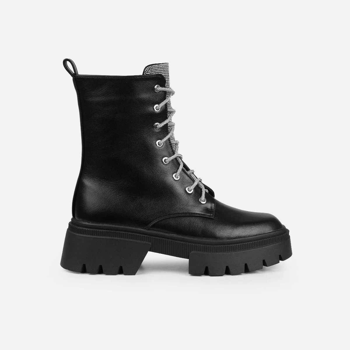 Bryn Black Diamante Lace Up Flat Ankle Boots - Image 2