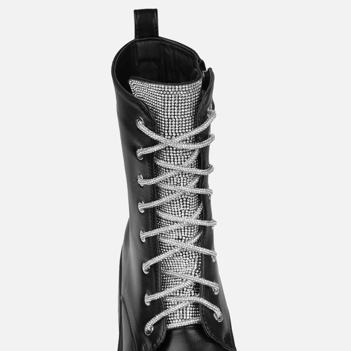 Bryn Black Diamante Lace Up Flat Ankle Boots - Image 4