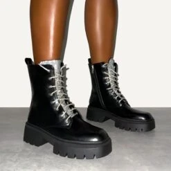 Bryn Black Diamante Lace Up Flat Ankle Boots