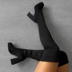 Aviva Black Microfiber Platform Block Heel Thigh High Boots
