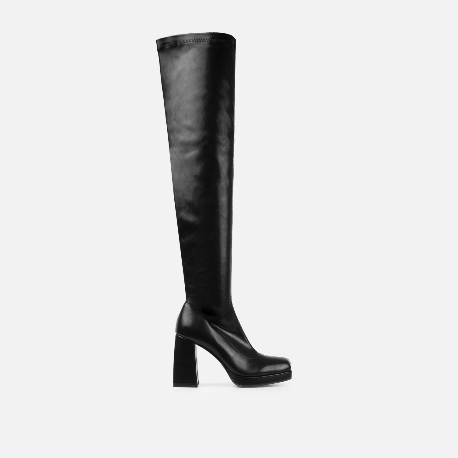 Aviva Black Platform Block Heel Thigh High Boots - Image 2