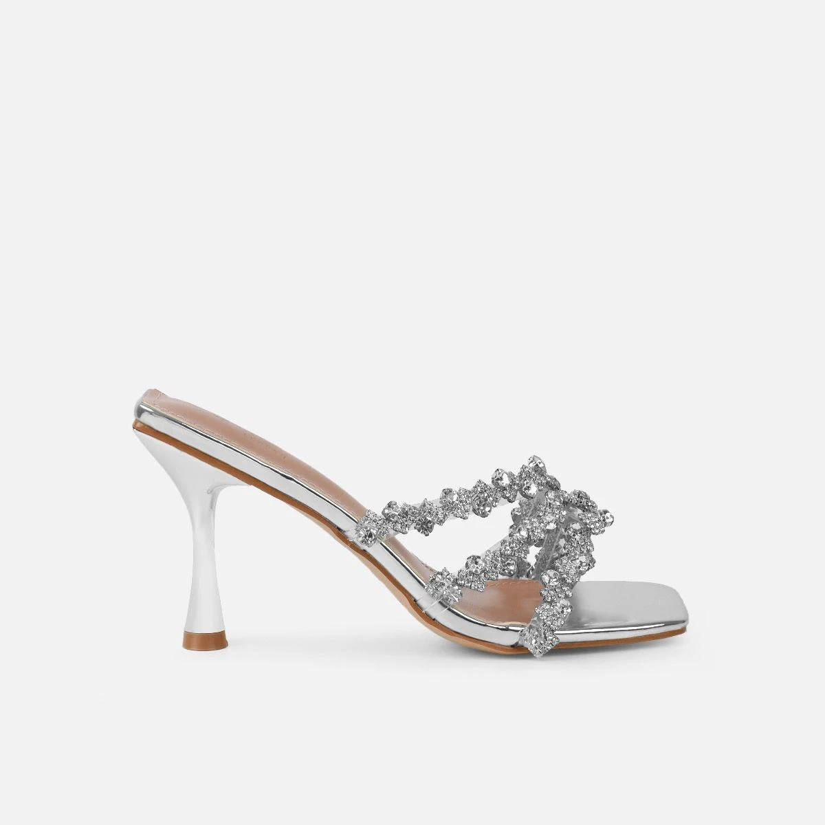 Blushing Silver Mirror Diamante Mid Heel Mules - Image 2