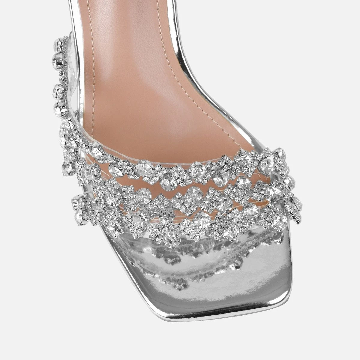 Blushing Silver Mirror Diamante Mid Heel Mules - Image 4