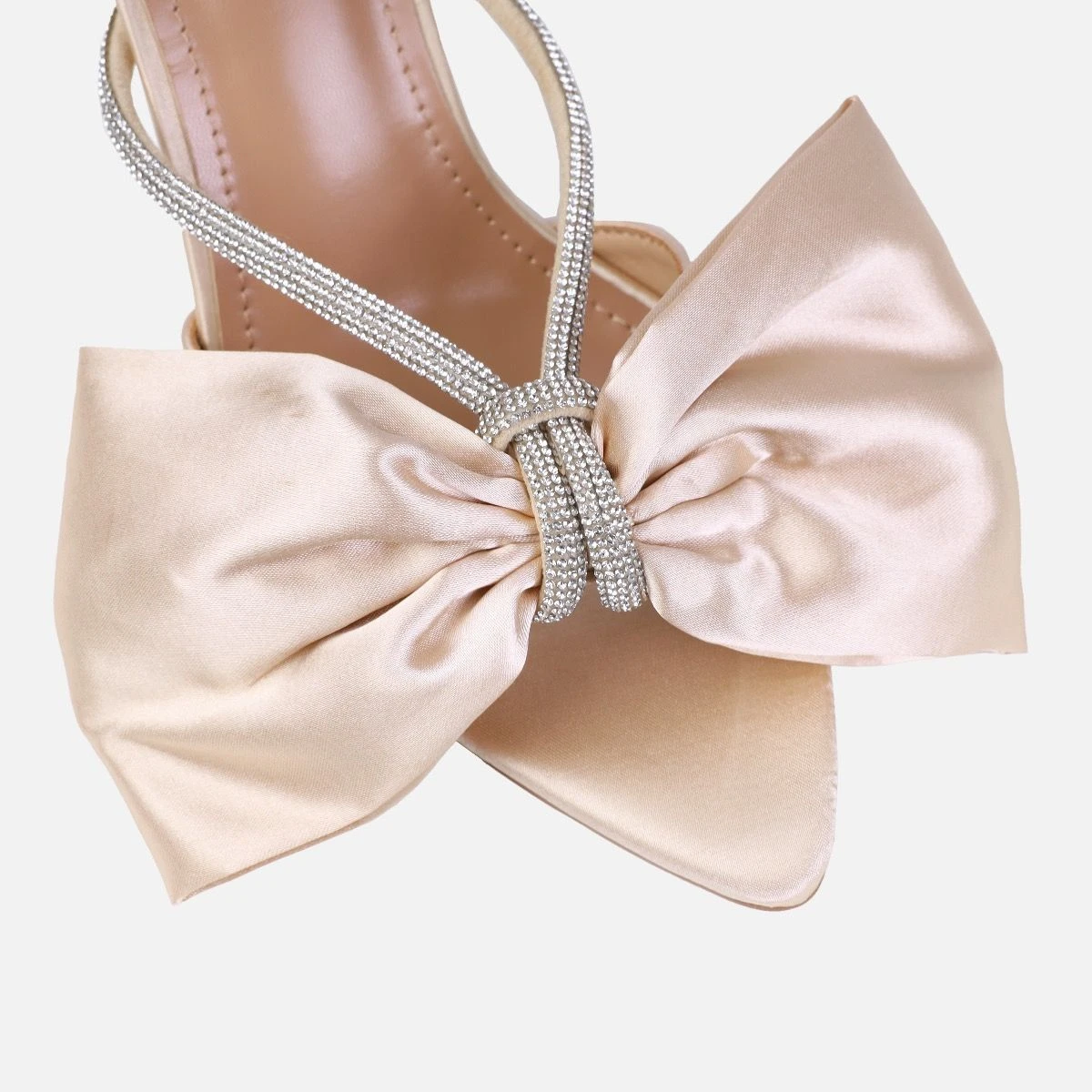 Dionne Crowe Veil Champagne Satin Diamante Bow Mules - Image 4