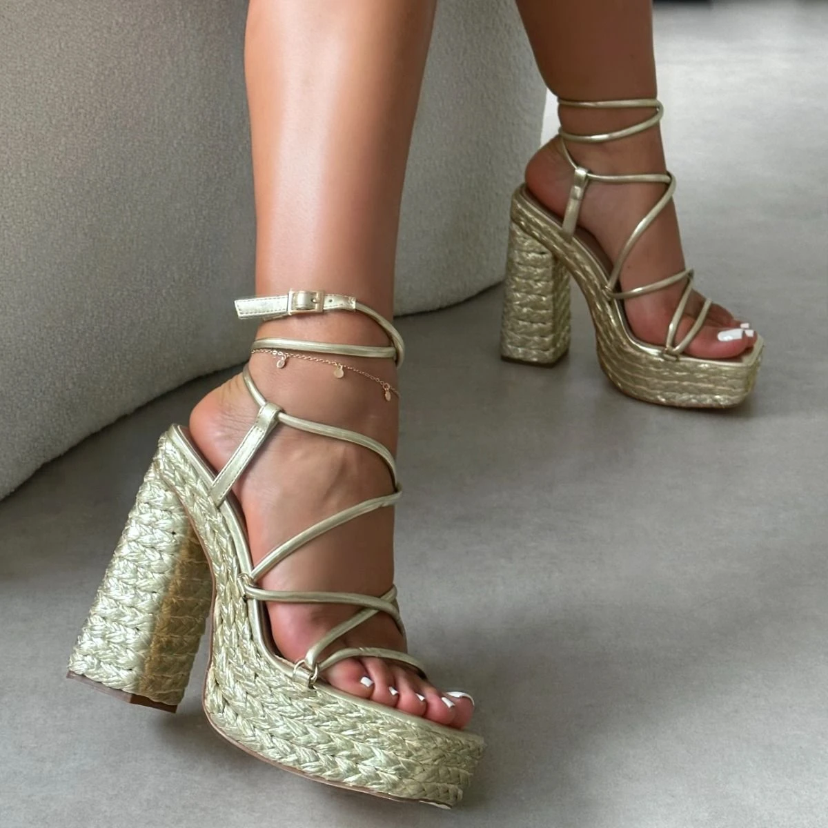 Bambi Gold Espadrille Platform Block Heels