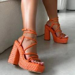 Bambi Orange Espadrille Platform Block Heels