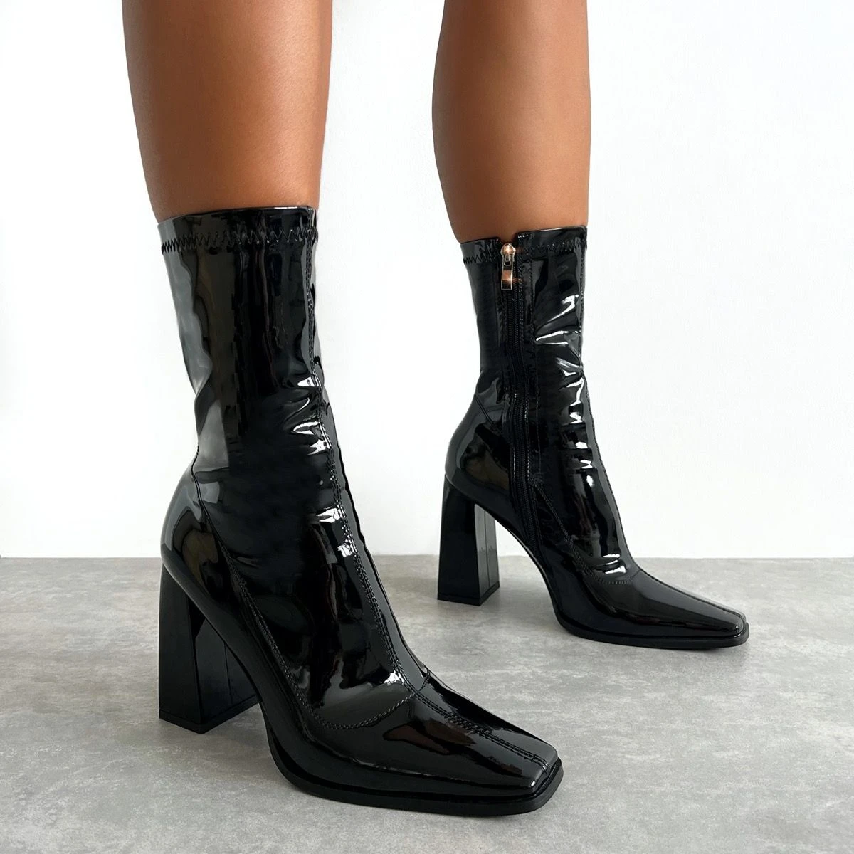 Basil Black Patent Block Heel Ankle Boots