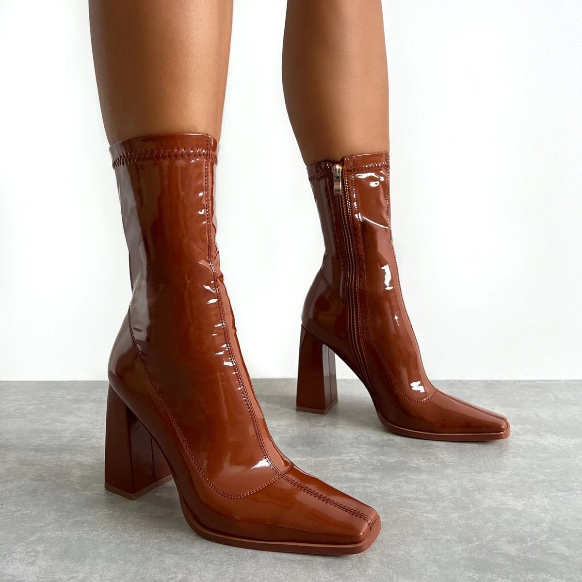 Basil Tan Patent Block Heel Ankle Boots