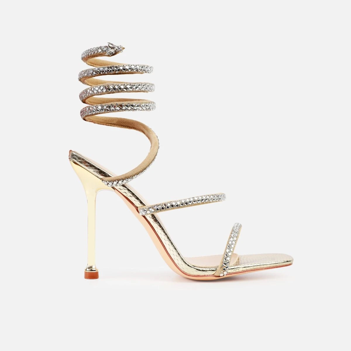 Mary Bedford Boa Gold Mirror Faux Snake Print Diamante Spiral Stiletto Heels - Image 2
