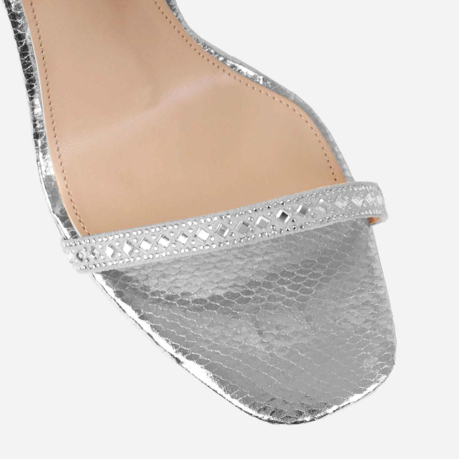 Tasha Ghouri Zorana Silver Faux Snake Print Diamante Spiral Heels - Image 4