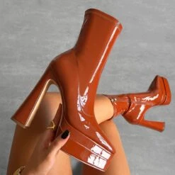 Brookes Tan Double Platform Block Heel Ankle Boots