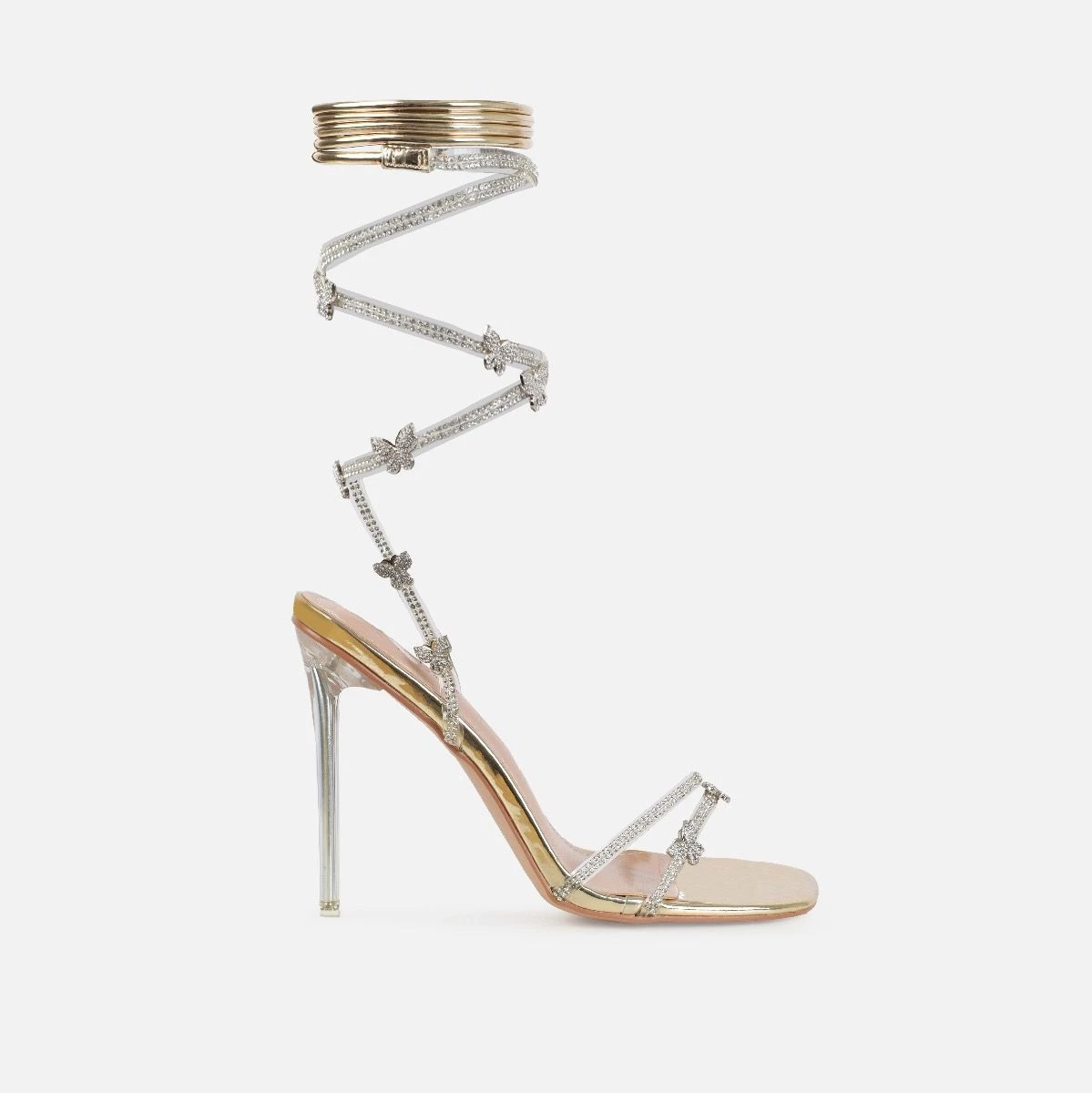 Britta Gold Mirror Butterfly Lace Up Clear Stiletto Heels