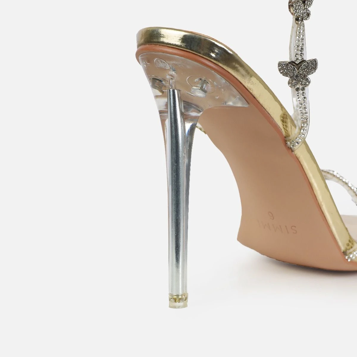 Britta Gold Mirror Butterfly Lace Up Clear Stiletto Heels - Image 2