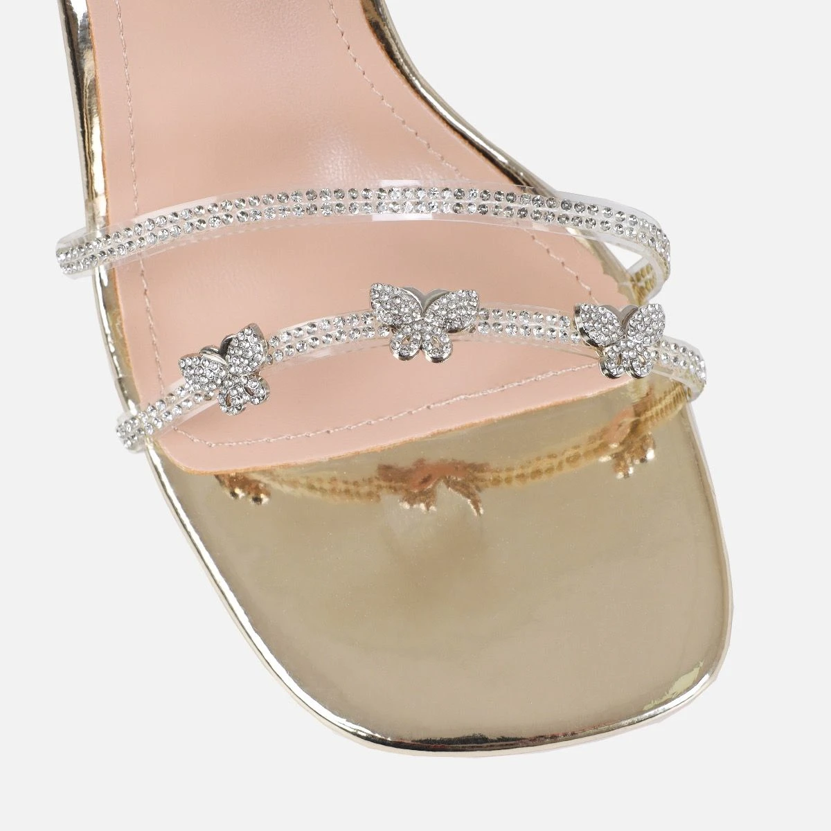 Britta Gold Mirror Butterfly Lace Up Clear Stiletto Heels - Image 3