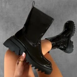 Carlton Black Patent Chunky Flat Ankle Boots