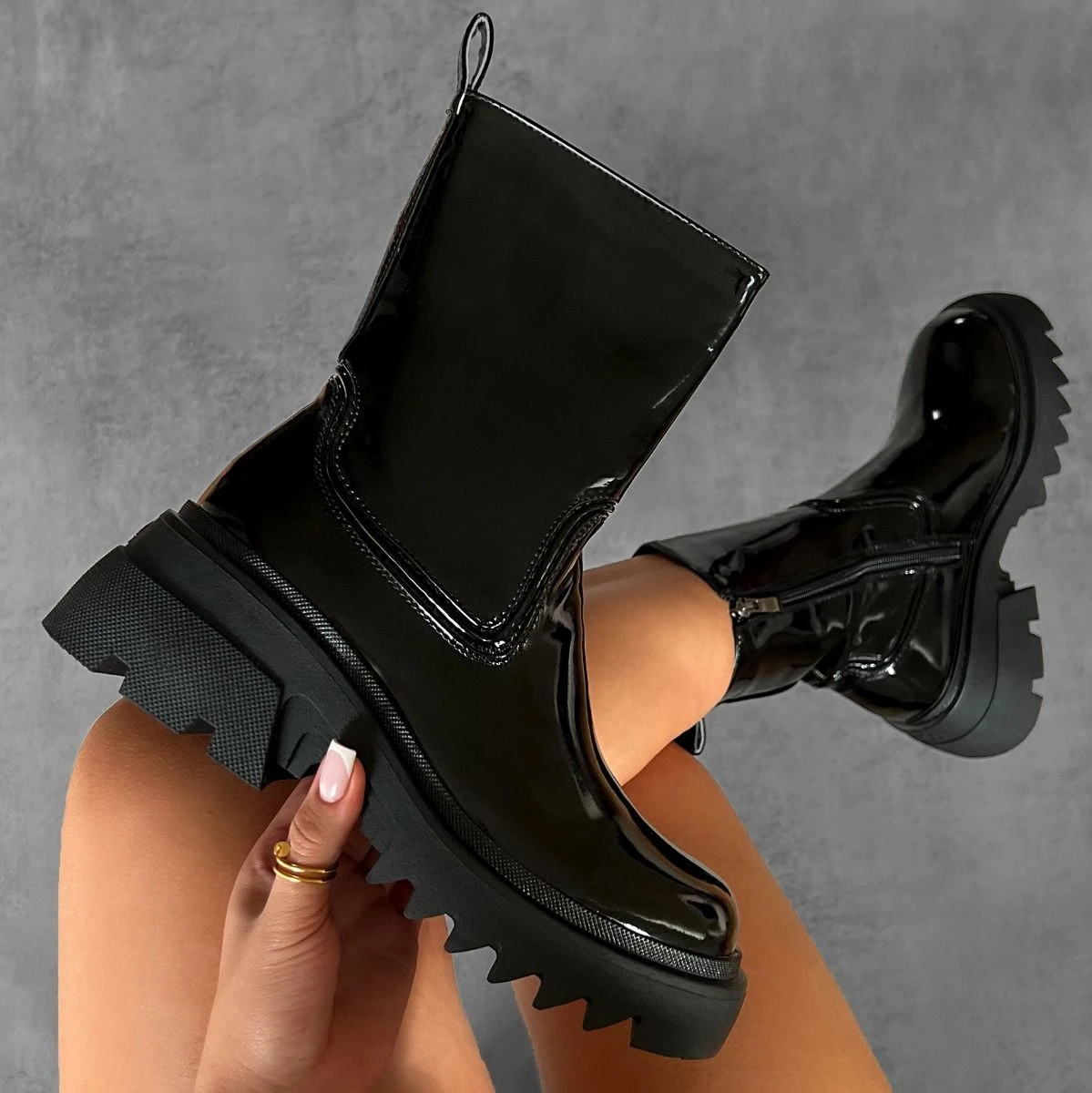 Carlton Black Patent Chunky Flat Ankle Boots