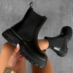 Cary Black Faux Croc Print Chunky Ankle Boots
