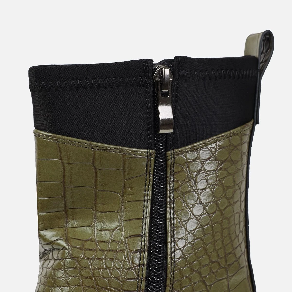 Chayenne Khaki Faux Croc Print Lycra Chunky Ankle Boots - Image 3