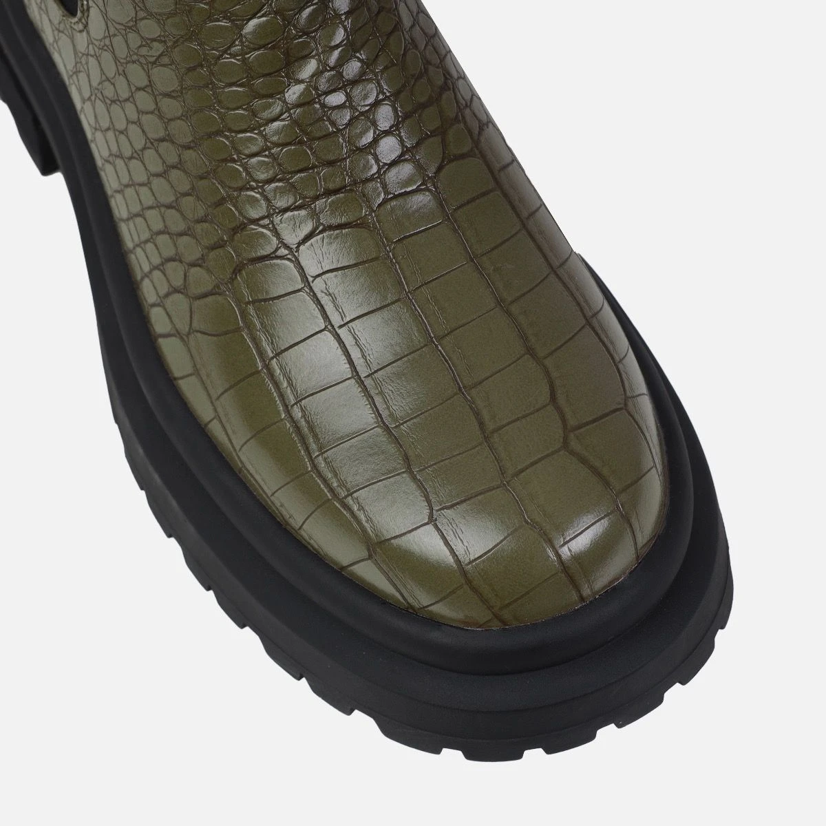 Chayenne Khaki Faux Croc Print Lycra Chunky Ankle Boots - Image 4